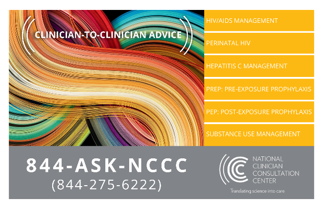 NCCC palm card listing six clinician consultation services and the phone number 844-ASK-NCCC (844-275-6222).