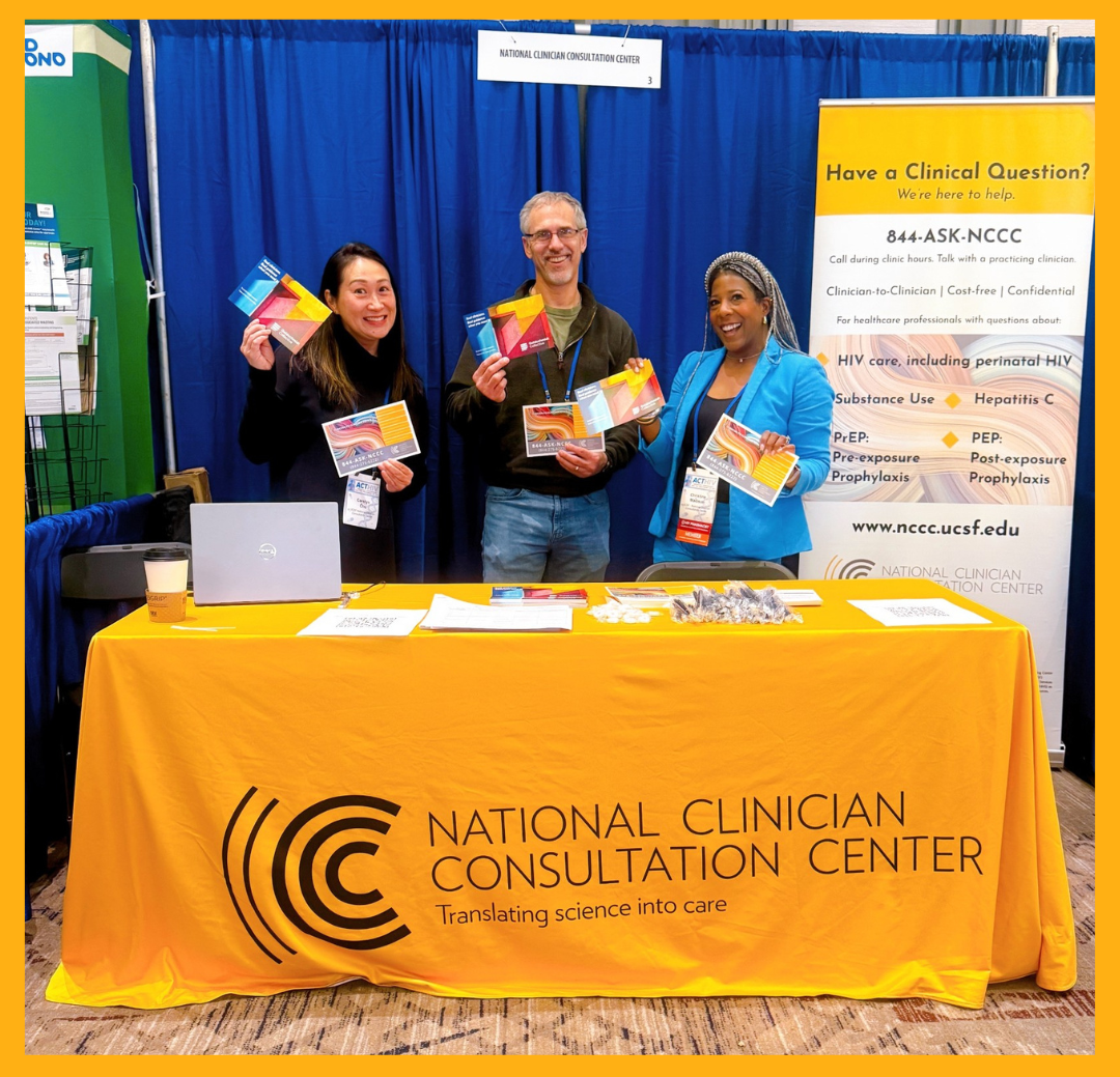 Three NCCC clinicians at the NCCC exhibit booth during ACTHIV 2026 in Atlanta.